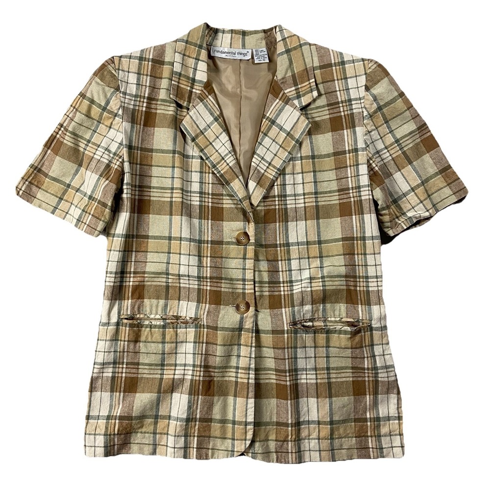 VTG Linen Blend Short Sleeve Plaid Blazer Jacket Earth Tone Women's 10P Preppy